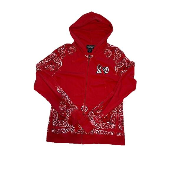 Vintage Harley-Davidson Women’s L Red Zip Graphic BandanaHoodie With Rhinestone - Picture 4 of 9